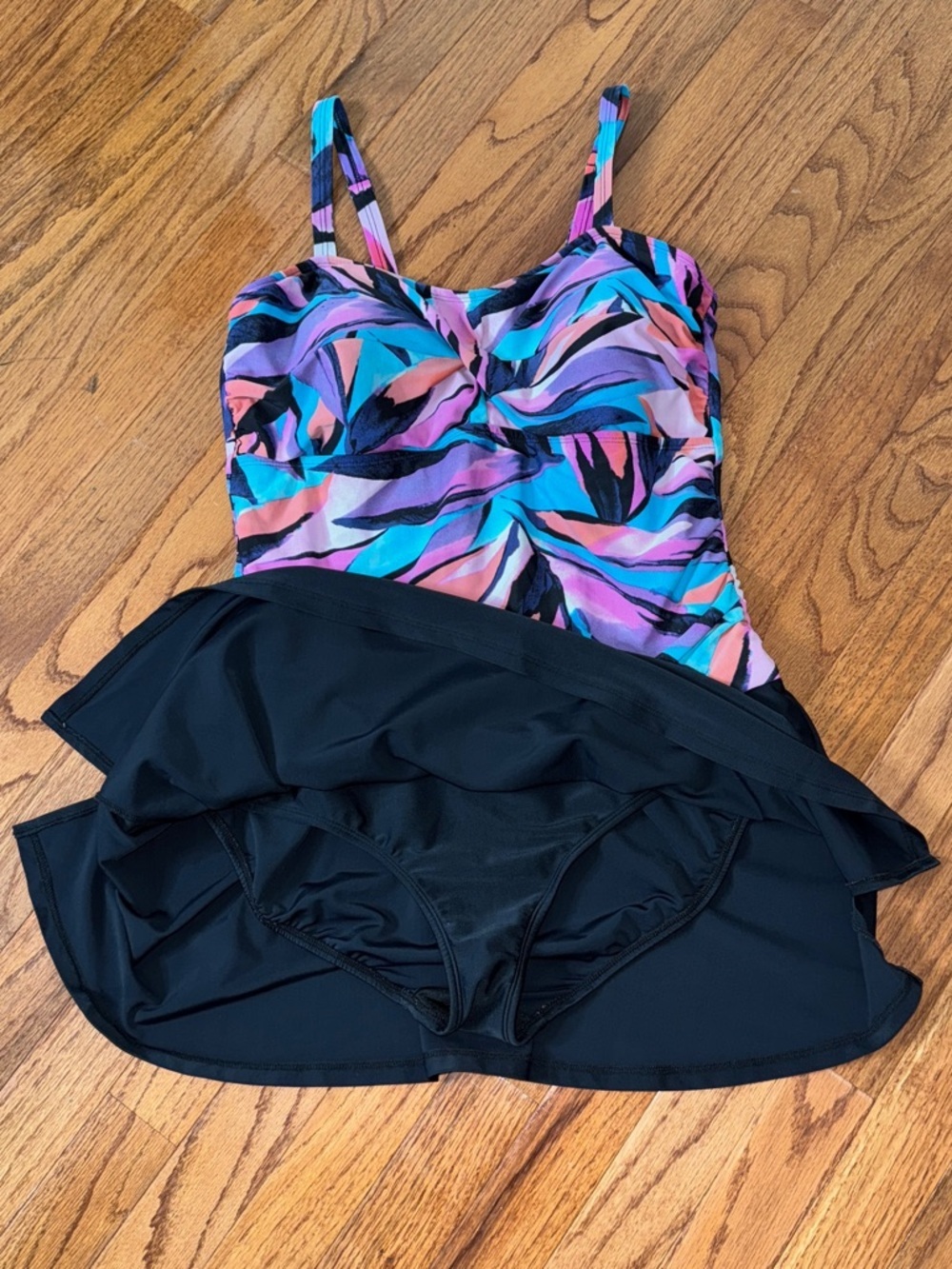 Venus One Piece Tropical Palm Print Swim Dress Shirred Black Purple Size 14 - Picture 2 of 6